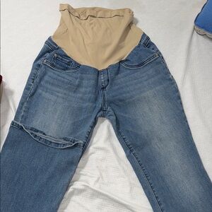Indigo Blue Women's Flare Jeans with Tan Waistband